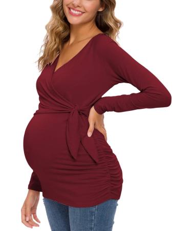Love2Mi Maternity Nursing Top - Long Sleeve V-Neck Maternity Clothes in Wine Red - Buy Online on SooperMarket.com