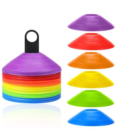 Faxco 60 Pcs Mark Disc, Soccer Cones with Holder and Net Bag for Training, Football, Sports, Field Cone Markers Outdoor Games Supplies(6 Colors)