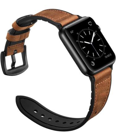 OUHENG Genuine Leather and Rubber Hybrid Band for Apple Watch 49mm/45mm/44mm/42mm - Brown/Black Adapter - Sweatproof Band for iWatch Series 8 7 6 5 4 3 2 1 SE2 SE - Buy Online on SooperMarket.com