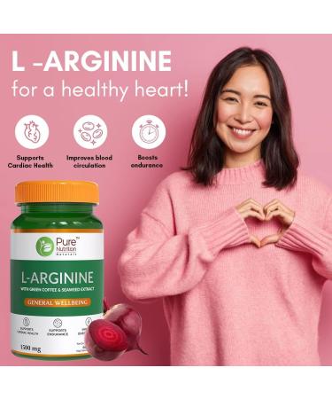 L-Arginine 1500mg Supplement with Green Coffee Seaweed & Extract for Men & Women | Supports Muscle Growth Stamina Heart Health & Blood Flow - 60 Veg Capsules(Pack Of 1) - Buy Online on SooperMarket.com