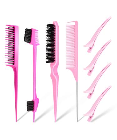 8PCS Hair Brush Comb Set Slick Back Hair Brush Edges Brush Set Bristle Hair Brush Teasing Brush Rat Tail Hair Comb with Hair Clips Back Combing Brushes for Hairdresser Women Baby Children Pink