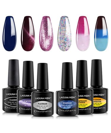 Lagunamoon Gel Nail Polish Soak Off UV LED Nail Polish Set Lacquers Manicure Pedicure Nail Art Kit Color Changing Glitter Cat Eye Platinum Assorted | Salon-Grade Polish