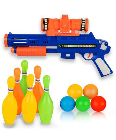ArtCreativity Bowling Pin Blaster Shooting Game for Kids - Set Includes 1 Toy Gun, 4 Colorful Ping Pong Balls, and 6 Plastic Bowling Pins - Best Gift or Party Activity for Boys and Girls