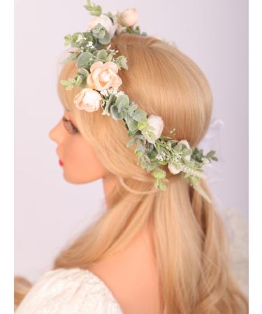 Wiwpar Boho Flesh Floral Headband Flower Garland Wedding Photo Prop Leave Headpiece Flower Wreath Headband with Adjustable Ribbon for Women Party Birthday Gift Halloween Costume Accesso (Flesh)