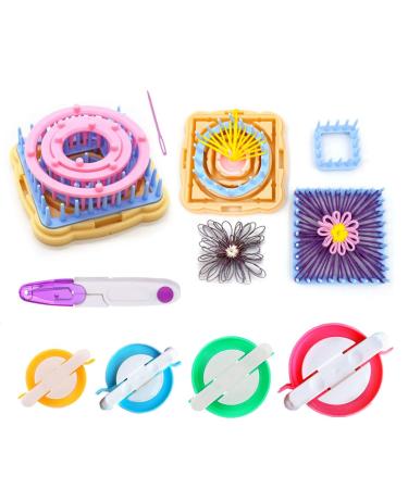 Weaving Loom Kit, 8pcs Frame Looms with 4 pom pom Maker, Knitting Wool, Round/Square Knitting Looms Craft Kit Multi Color (Instructions Included)