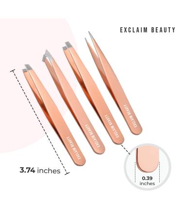 EXCLAIM BEAUTY 4-Piece Stainless Steel Precision Tweezers Set for Men & Women - Eyebrow, Splinter, and Ingrown Hair Removal - Includes Leather Case - Rose Gold - Buy Online on SooperMarket.com