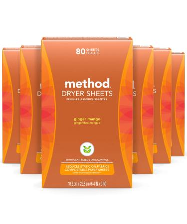 Method Dryer Sheets Ginger Mango Fabric Softener and Static Reducer Compostable and Plant-Based Laundry Essentials 80 Count (Pack of 6) Ginger Mango 80 Count (Pack of 6)