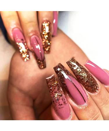 Brishow artificial nails long gold glitter nails to stick on French press on nails ballerina acrylina pink false nails 24 pieces for women and girls gold 1 piece (1 Pack)