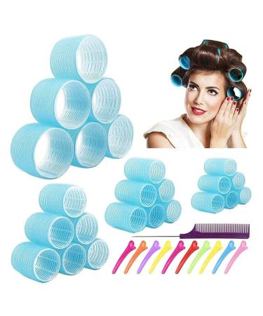Jumbo Hair Rollers Set Self Grip Curlers For Long Hair No Heat Heatless Hair Rollers With Clips & Comb 24 Packs (Blue 24Pcs)