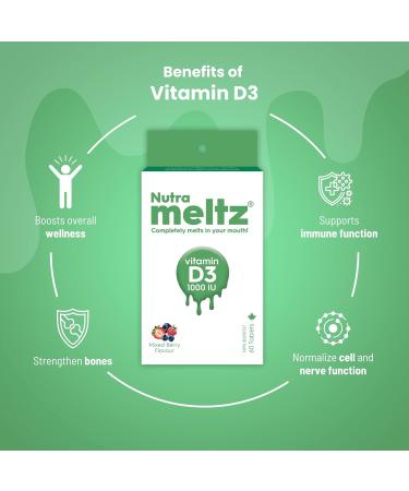Nutrameltz Vitamin D3 1000 IU Supports Stronger Bones & Teeth Boost Immunity Vitamins Prevents Inflammation Quick Dissolving Tablets Mouthwatering Mixed Berry Flavor (60 Tablets) - Buy Online on SooperMarket.com