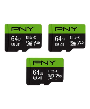 PNY 64GB Elite-X Class 10 U3 V30 microSDXC Flash Memory Card, 3 Count (Pack of 1) - 100MB/s, Class 10, U3, V30, A1, 4K UHD, Full HD, UHS-I, micro SD 64GB FLASH CARD - 3 PACK