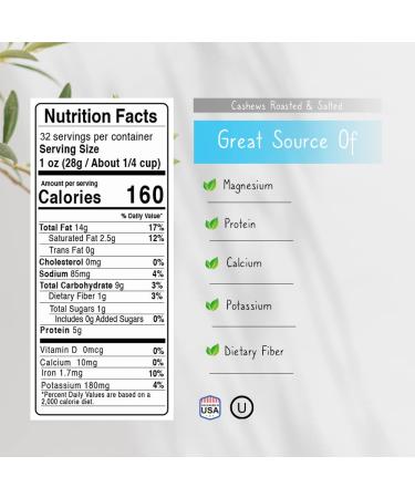 Jaybee's Nuts Roasted Salted Cashews 32 oz Reusable Container - Whole Similar to Organic, Everyday Healthy Snack for Keto Diet, Vegan, Great for Cooking, Baking, Salads - Kosher Certified - Buy Online on SooperMarket.com