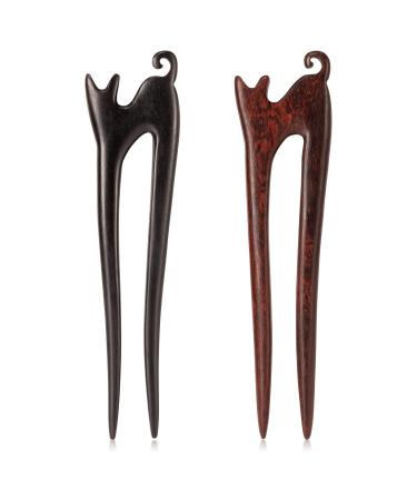 Noverlife 2PCS U Shape Wooden Hair Sticks, Handmade Carved Ebony Sandalwood French Hair Forks, with Cute Cat Kitty Design, 2-Prong Vintage Wood Hair Pins for Women Chignon Bun Updo Hairstyle Cute Kitty Design