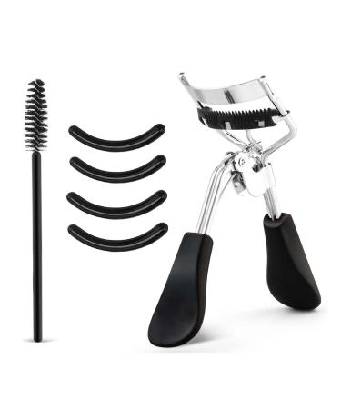 Eyelash Curler with Comb 3 in 1 Black Lash Curler Kit with 4 Extra Silicone Eyelash Curler Refills for Women Girls Eye Lashes Curlers Strong Contoured No Pinching or Pulling Fit All Eye Shapes