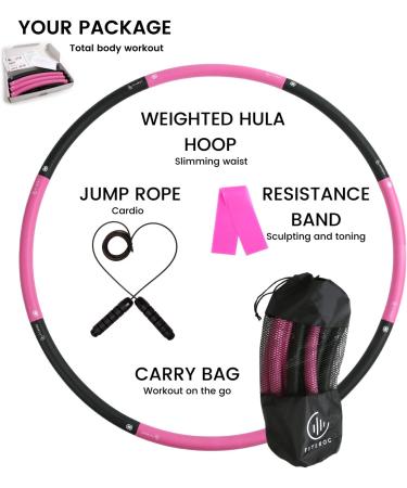 Fiteroc Weighted Fitness Hula Hoop for Adults - Detachable & Portable - Includes Jump Rope, Resistance Band, Carry Bag - Black/Pink - Buy Online on SooperMarket.com