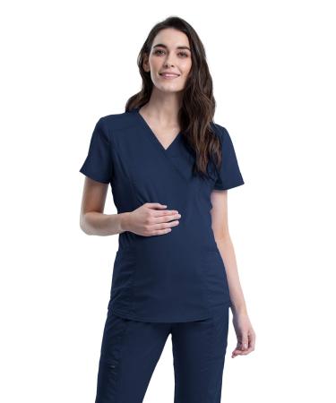 Cherokee Women Scrubs Top Workwear Revolution Maternity Mock Wrap WW688 Medium Navy