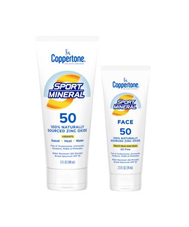 Coppertone Sport Mineral SPF 50 Zinc Oxide Mineral Sunscreen Multi Pack, Sport Mineral Body Sunscreen Lotion & Sport Mineral Face Sunscreen Lotion (5 fl. oz. + 2.5 fl. oz.)