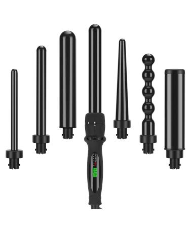PARWIN PRO BEAUTY Curling Iron Set 7 in 1 Interchangeable Barrels Dual Voltage Hair Curler LCD Display Tourmaline Ceramic Curling Iron with Heat Resistant Glove Black 7 Sizes - Standard 13 Piece Set