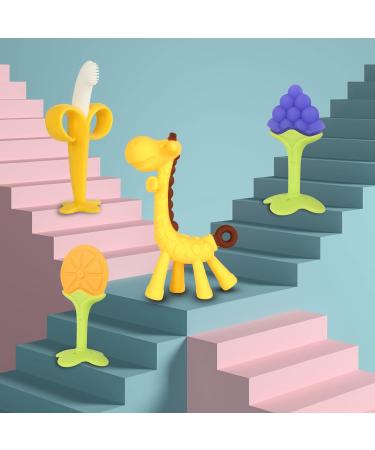 BPA-Free Chuya Teething Toys (4 Pack) for Babies 0-6 Months - Banana Baby Toothbrush Teeth Brushing Chew Toy with Fruits+Giraffe Design - Buy Online on SooperMarket.com