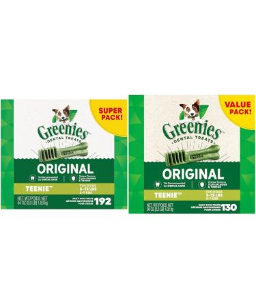 GREENIES Original TEENIE Natural Dental Care Dog Treats 54 oz. Pack 1 (192 Treats) & Dog Treats Original TEENIE Natural Dental Care (130 Treats) 36oz. Pack