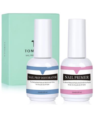 TOMICCA Nail Dehydrator and Primer, Professional Acid Free Natural Nail Prep Dehydrator, Fast Air Dry Superior Bonding Primer Set for Acrylic Powder and Gel Nail Polish 15Ml/0.52 oz