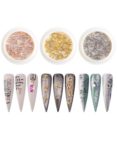 WEILISU Rhinetone Letters Nail Studs Gold Silver Rose Gold 3D Capital Rhinetone Nail Letter English Alphabet Stud Charm DIY Manicure Nails Jewelry 26 letter