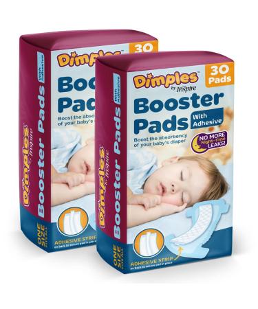 Dimples Booster Pads, Baby Diaper Doubler with Adhesive - 1 Size Fits All Diapers - Boosts Diaper Absorbency - No More leaks 60 Count (with Adhesive for Secure Fit)