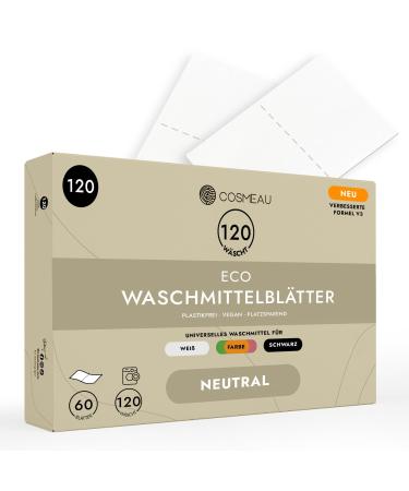 Cosmeau detergent leaves neutral - up to 120 washes (60 leaves) - sustainable detergent for white color and black - plastic -free degradable & perfect travel detergent neutral 1 piece (120 pack)