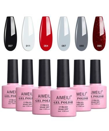 AIMEILI Soak Off UV LED Gel Nail Polish Black White Red Grey Multicolour/Mix Colour/Combo Colour Set Of 6pcs X 10ml - Kit 28 KIT6-28 1.67 ml (Pack of 6)