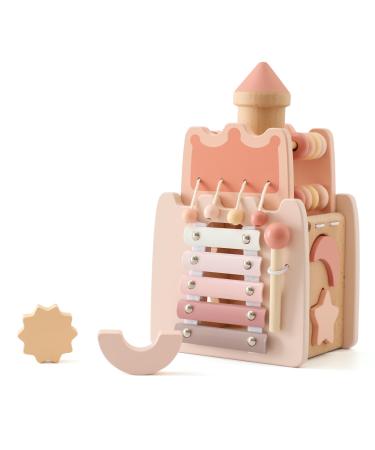 Youuys motor cubes made of wood 5 in 1 lock wooden toy baby motor toy Montessori toys baby motor skills made of wood baby toys activity center birthday present for girls pink