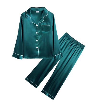 SWOMOG Unisex Kids Silk Pyjama Set Girls Boys Satin Pyjamas Long Sleeve Button Down PJs Soft & Silky Sleepwear for Children Baby Teenage 8-9 Years Green