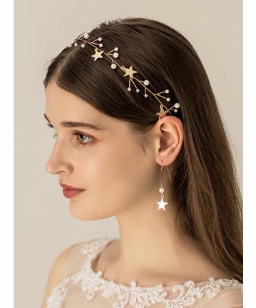 JWICOS Star Girl Headband Earrings Set Gold Princess Wedding Hair Accessories Light Bridal Handmade Barrette Beads Headpiece for Women and Girls Dainty Bead Star Drop Dangle Hanging Exquisite