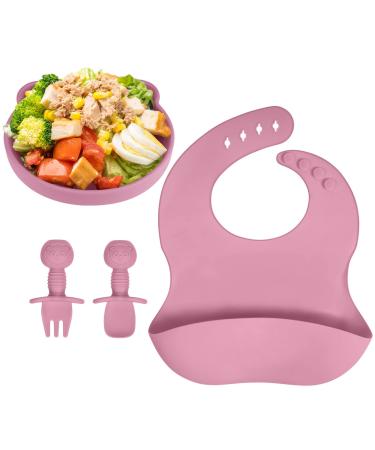 Vicloon Baby Weaning Set 4 Pcs Silicone Baby Feeding Set Baby Suction Plate Bib Spoon and Fork BPA Free Silicone Feeding Set Toddlers and Kids Plates Set Gift for Kids (Pink) Bear Sucker-pink