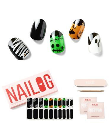 NAILOG Semi Cured Gel Nail Strips (20 Extra Long Polish Stickers/Wraps) | Glossy & Long Lasting Soft Gel Finishing (Little Monsters)