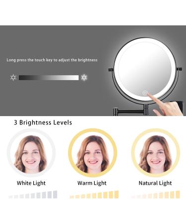 10X LED Wall Mounted Lighted Makeup Mirror with 3 Color Lights & Touch Screen Dimming - Double Sided Magnifying Mirror for Bathroom Vanity (Black) - Buy Online on SooperMarket.com
