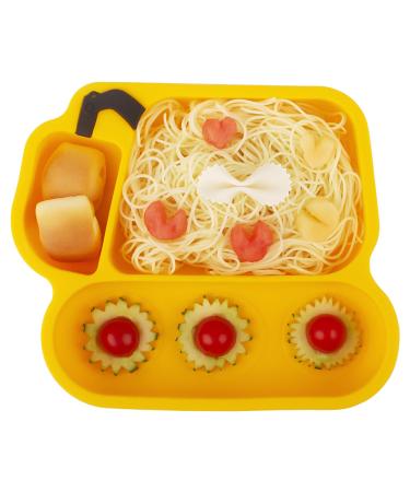 Silicone Suction Plate for Toddlers - Self Feeding Training Divided Plate Dish and Bowl for Baby and Toddler Fits for Most Highchairs Trays Excavator-yellow