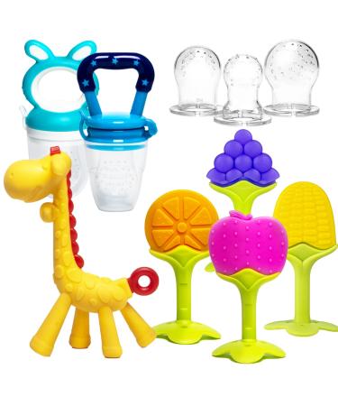 HONGTEYA Teething Toys for Babies 0-6 Months 6-12 Months 6 Pack- 4 Teethers for Babies Baby 2 Fruit Feeders for Newborn Infants BPA Free Natural Organic Freezer Silicone Baby Teethers Set (Blue)