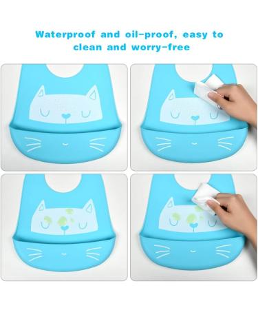 Vicloon Silicone Baby Bib 2PCS - Adjustable Waterproof Feeding Bibs with Food Catcher Pocket - Soft & Easy to Clean for Infant Toddler - Cat & Whale Blue - Buy Online on SooperMarket.com