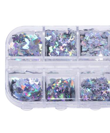 Holographic Nail Art Glitter Sequins - Laser Silver Decals 12 Grids | 3D Butterfly, Star, Heart, Unicorn Sticker Confetti for Acrylic Nails - Buy Online on SooperMarket.com