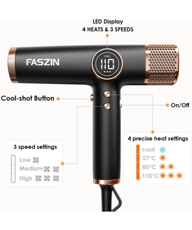 Faszin Lightweight Hair Dryer with High Speed Motor | Fast Drying Ionic Hairdryer for Women & Men | Low Noise, 3 Magnetic Nozzles | Black 29.50 24.50 8.80 cm - Buy Online on SooperMarket.com