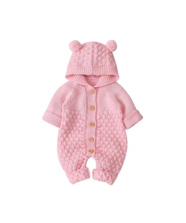 VICROAD Baby Hooded Knitted Rompers Newborn Girls Boys Onesies Warm Sweater Jumpsuit Outfits 3-6 Months Pink