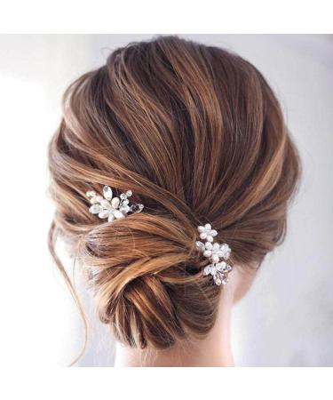 Prosy Bridal Wedding Flower Hairpins Silver Bridal Crystal Hair Clips Pearl Floral Headpiece for Women and Girls (2 Pack)