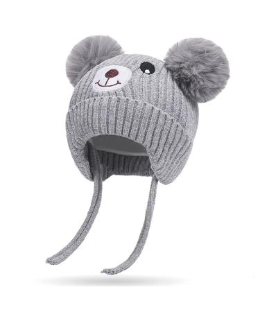 Cute Bear Kids Winter Hat with Ear Flaps 1-5 Years Dual Pom-Pom Chenille Knitted Warm Hat for Baby Girls Boys Fleece Lined Warm Earflap Cap with Strap Toddler Cold Weather Furry Warm Beanie Hat Grey One Size Grey