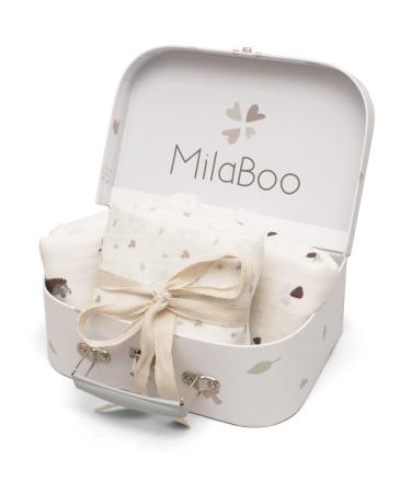Milaboo gift set Musselin 80x80 cm i 100% organic cotton GOTS-certified I spitting towels baby with play case FSC I gift for birth (forest mull towels)