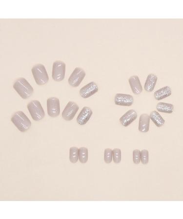 MISUD Short Square Press on Nails - Glossy Squoval Fake Nails with Glitter & Sequins - 24 pcs Gray Aurora Acrylic Nails for Stunning Nail Designs - Buy Online on SooperMarket.com