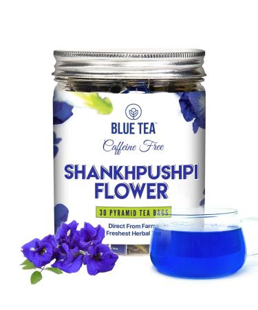 BLUE TEA - Shankhpushpi Flower - 30 Pyramid Tea Bags | For Food Iced Tea Cooler Cocktails Mocktails | Caffeine Free Herbal Tea l Gluten Free NON-GMO|Premium Pet Jar|