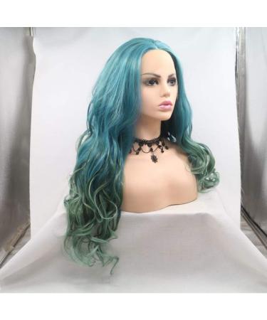 SHIYID Heat Resistant Body Wave Two Tones Synthetic Lace Front Wig - Green & Blue for Women | Middle Parting - Buy Online on SooperMarket.com