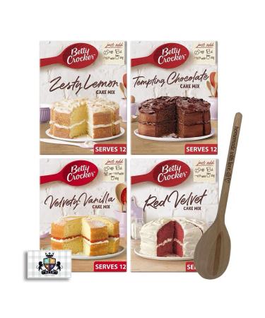 AETN Creations Elevate Baking with Betty Crocker Cake Mix Bundle Pack 4x425g Vanilla Chocolate Red Velvet and Lemon with AETN Wooden Spoon and Fridge Magnet