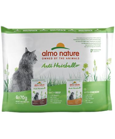 Almo Nature Functional Anti Hairball Multipack Complete Wet Cat Food -3 pouches with Beef/3 pouches with Chicken (pack of 6 pouches x70g)