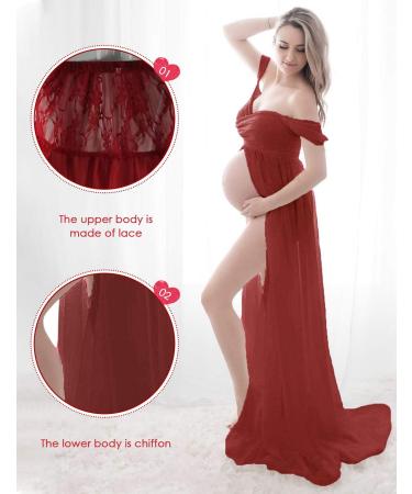 FEOYA Maxi Maternity Dress Chiffon Lace Strapless Gown | Red | Split Front | Photography | Full Length - Buy Online on SooperMarket.com